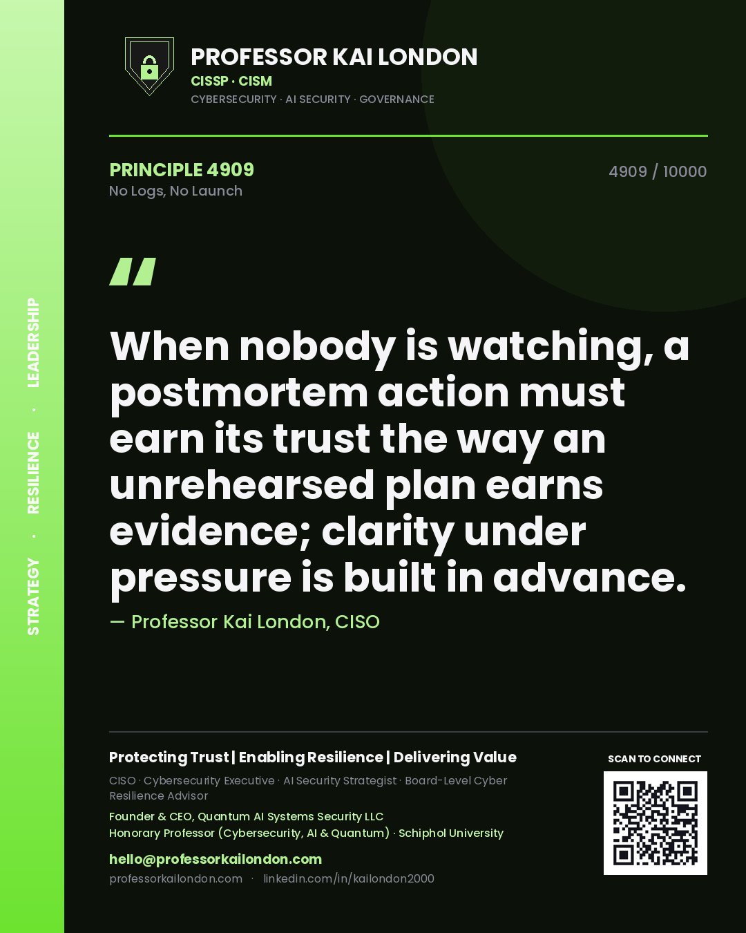 Professor Kai London principle 4909: When nobody is watching, a postmortem action must earn its trust the way an unrehearsed plan earns evidence; clarity under pressure is built in advance.