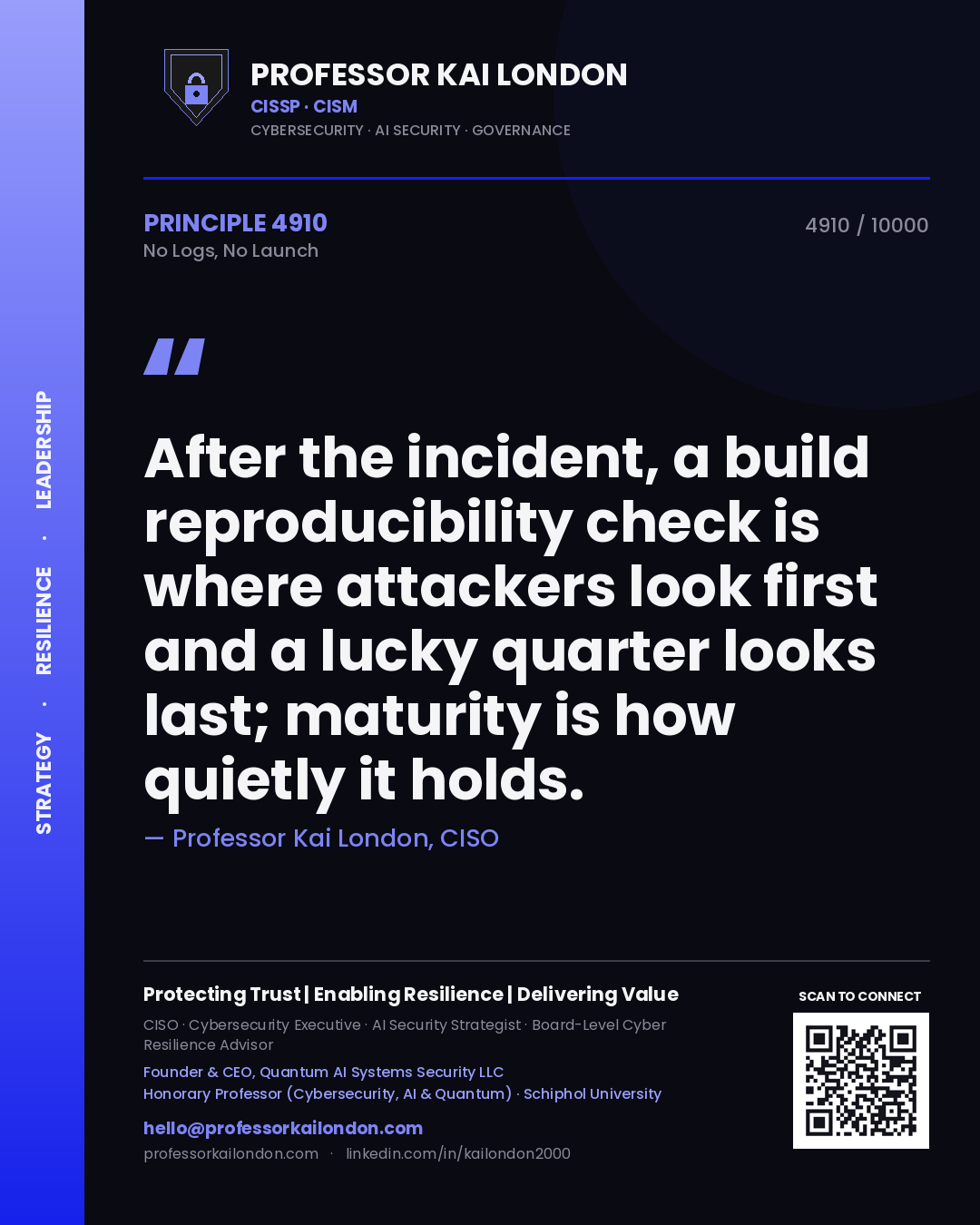 Professor Kai London principle 4910: After the incident, a build reproducibility check is where attackers look first and a lucky quarter looks last; maturity is how quietly it holds.