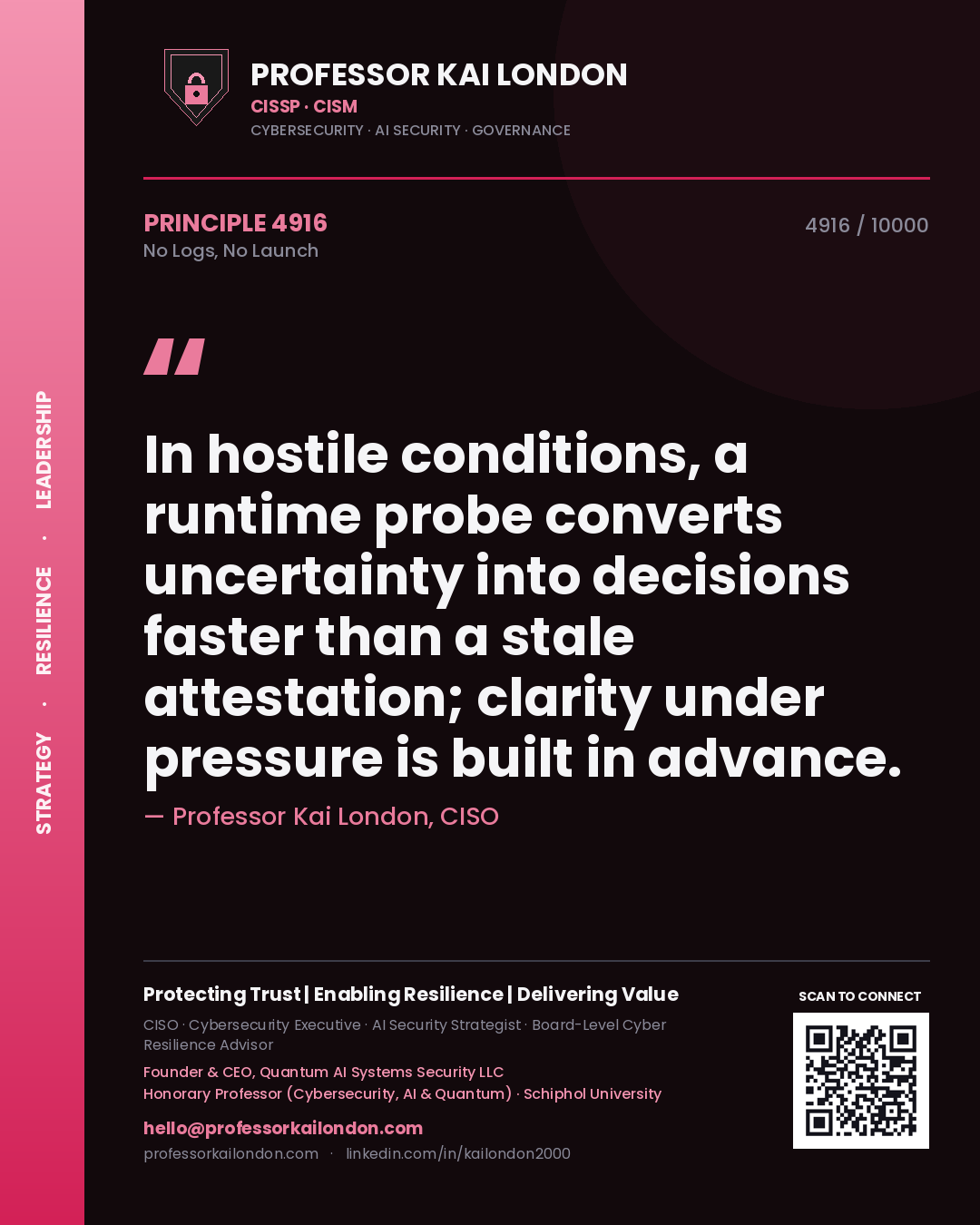 Quote card by Professor Kai London reading 'In hostile conditions, a runtime probe converts uncertainty into decisions faster than a stale attestation; clarity under pressure is built in advance.'. From the book No Logs, No Launch.