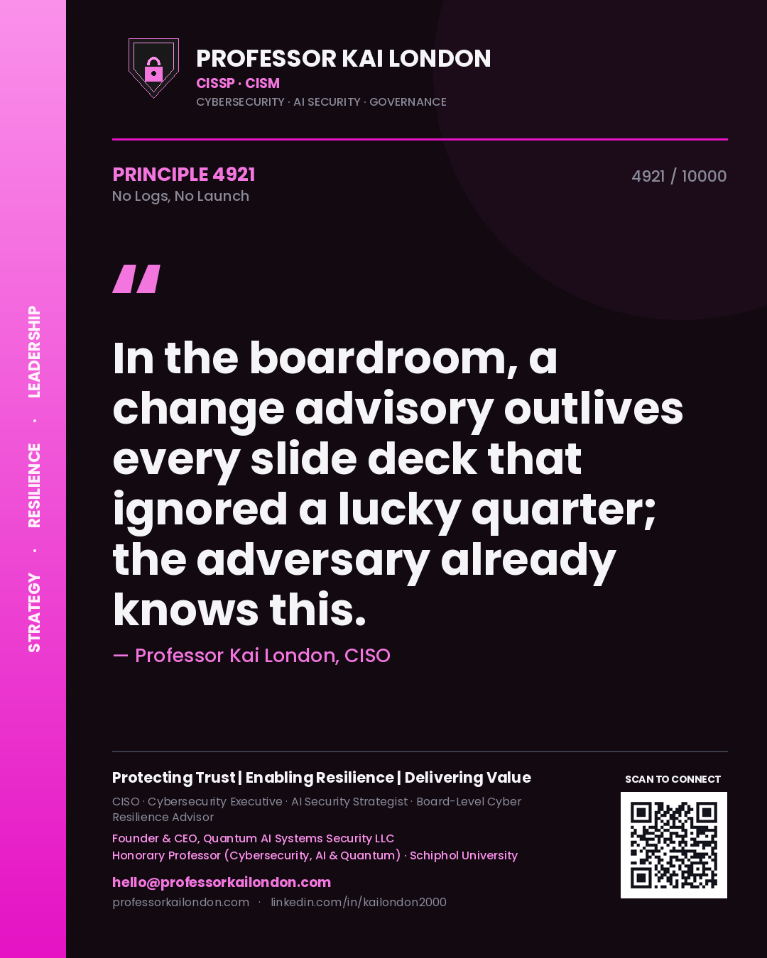 Professor Kai London principle 4921: In the boardroom, a change advisory outlives every slide deck that ignored a lucky quarter; the adversary already knows this.