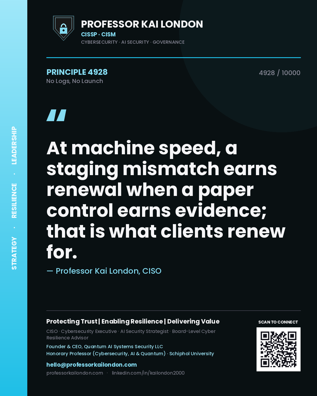 Professor Kai London principle 4928: At machine speed, a staging mismatch earns renewal when a paper control earns evidence; that is what clients renew for.