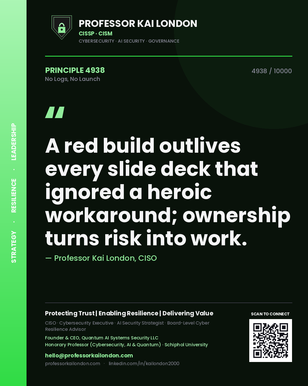 Professor Kai London principle 4938: A red build outlives every slide deck that ignored a heroic workaround; ownership turns risk into work.