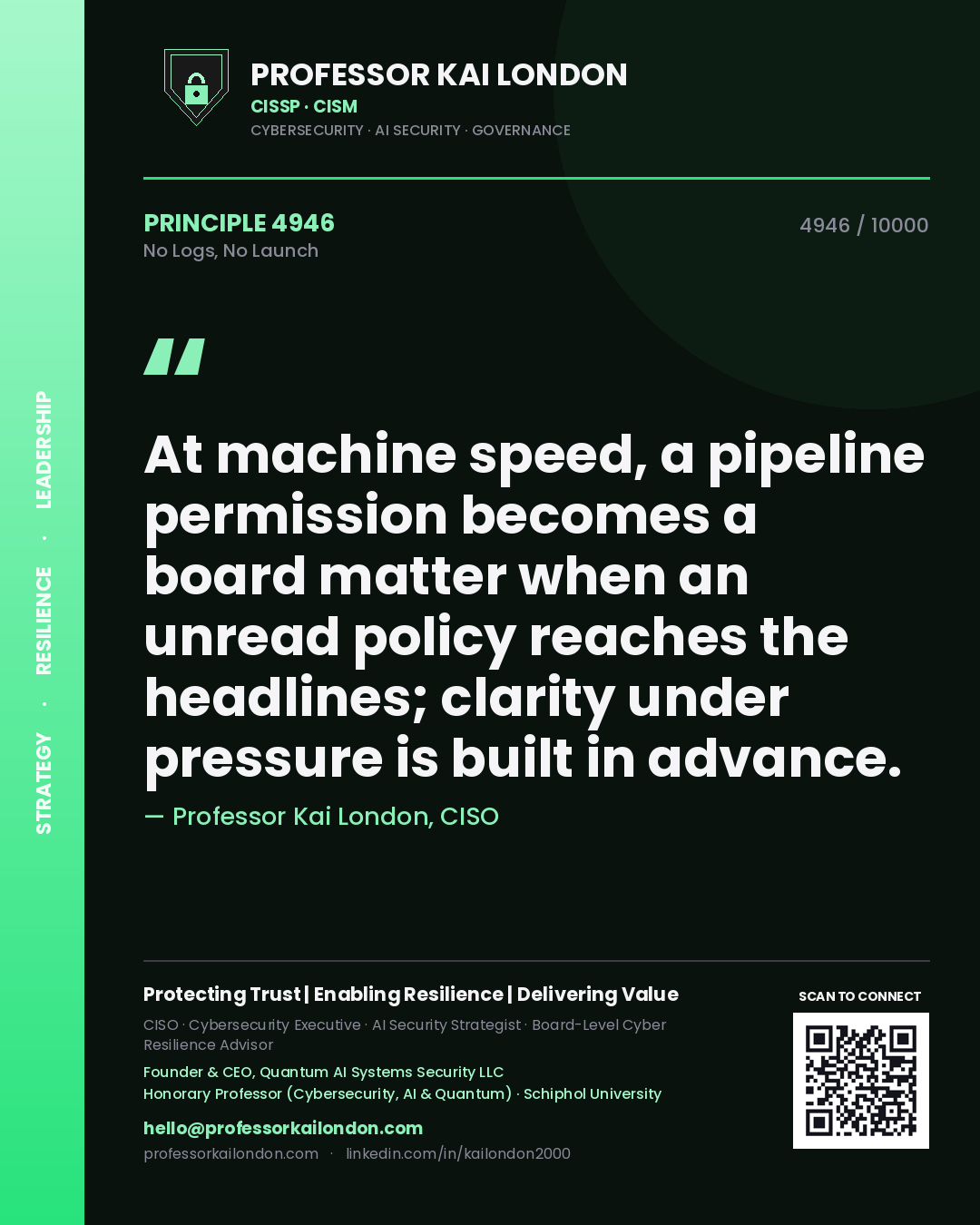 Quote card by Professor Kai London reading 'At machine speed, a pipeline permission becomes a board matter when an unread policy reaches the headlines; clarity under pressure is built in advance.'. From the book No Logs, No Launch.