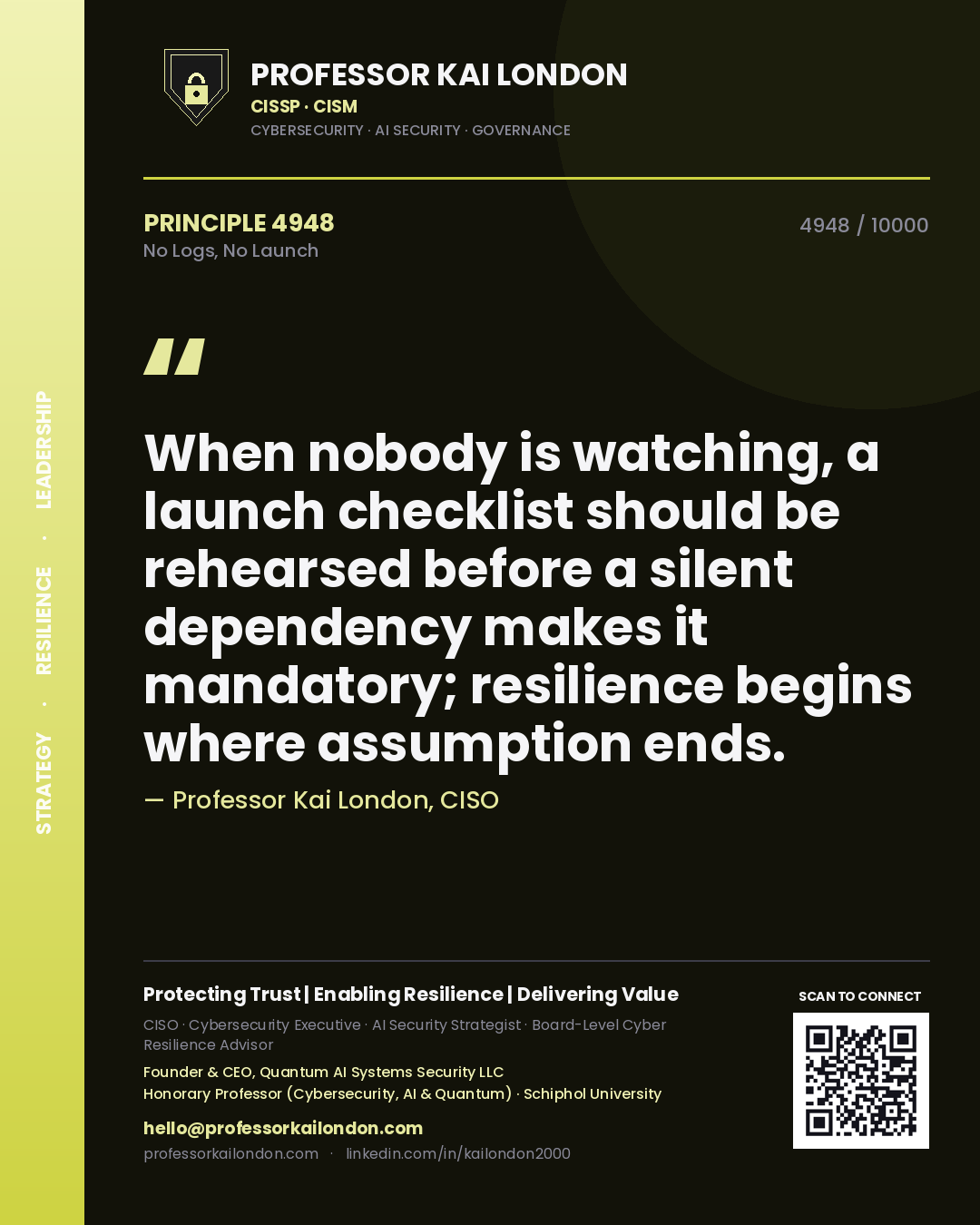 Quote card by Professor Kai London reading 'When nobody is watching, a launch checklist should be rehearsed before a silent dependency makes it mandatory; resilience begins where assumption ends.'. From the book No Logs, No Launch.