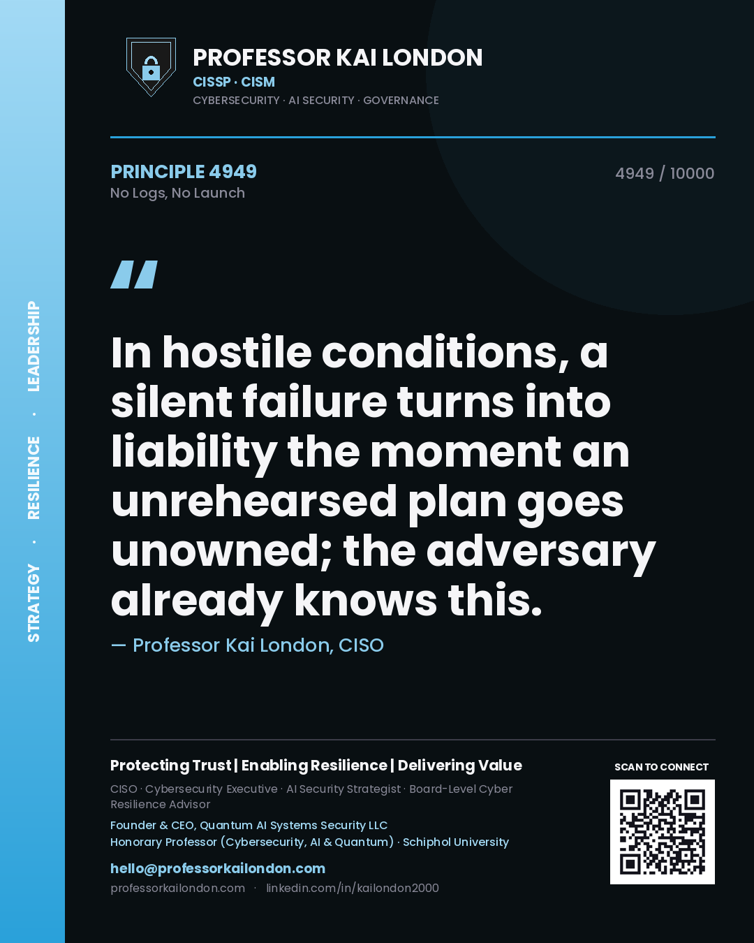 Professor Kai London principle 4949: In hostile conditions, a silent failure turns into liability the moment an unrehearsed plan goes unowned; the adversary already knows this.