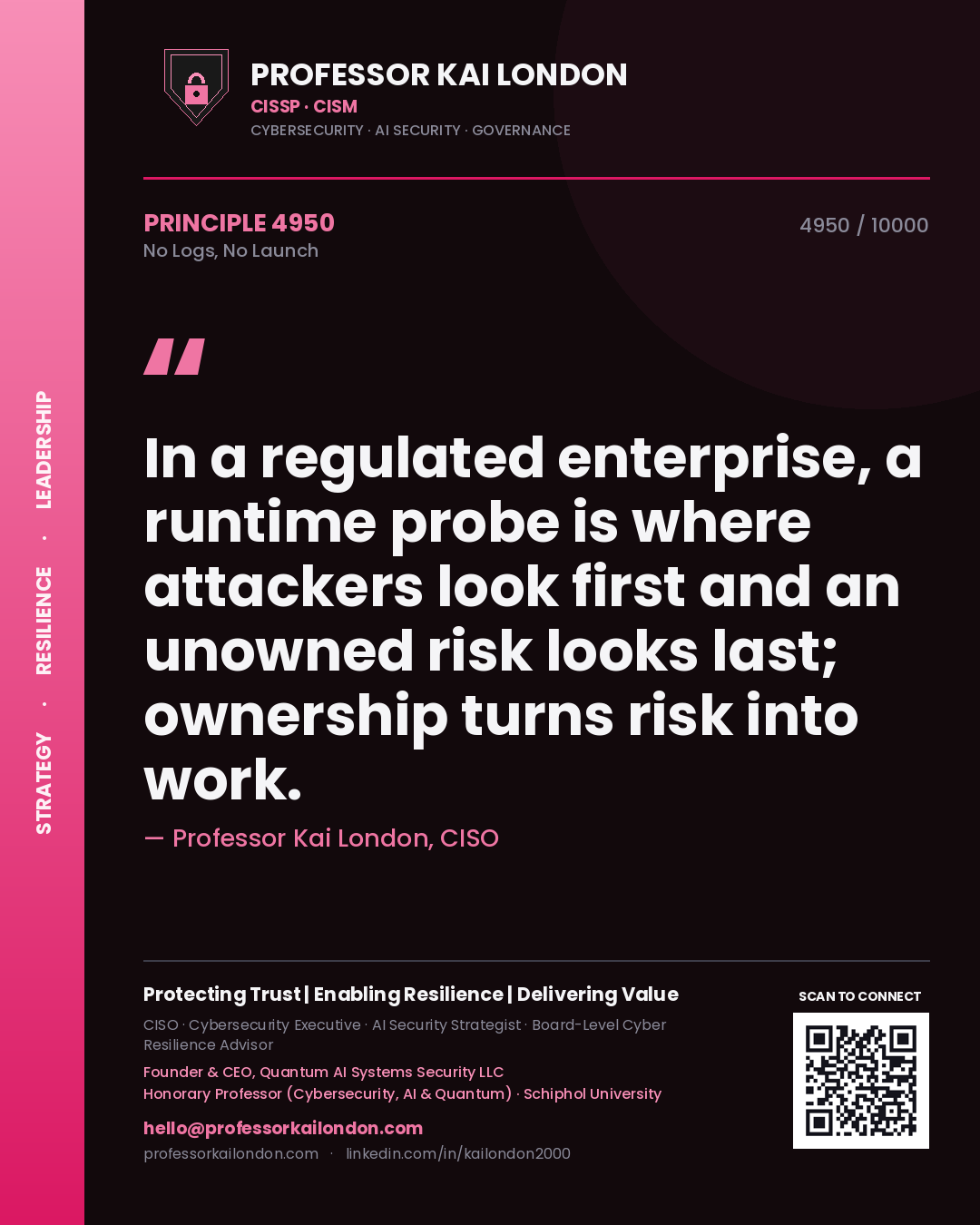 Quote card by Professor Kai London reading 'In a regulated enterprise, a runtime probe is where attackers look first and an unowned risk looks last; ownership turns risk into work.'. From the book No Logs, No Launch.