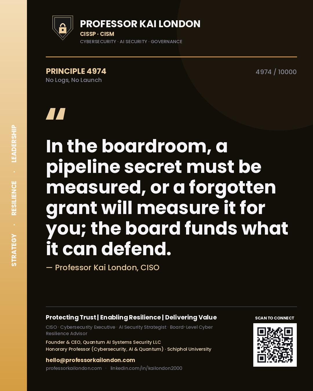 Professor Kai London principle 4974: In the boardroom, a pipeline secret must be measured, or a forgotten grant will measure it for you; the board funds what it can defend.