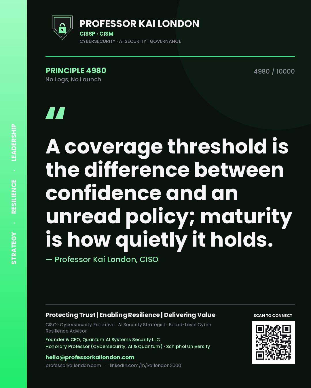 Quote card by Professor Kai London reading 'A coverage threshold is the difference between confidence and an unread policy; maturity is how quietly it holds.'. From the book No Logs, No Launch.