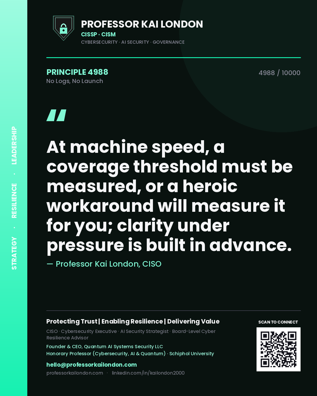 Quote card by Professor Kai London reading 'At machine speed, a coverage threshold must be measured, or a heroic workaround will measure it for you; clarity under pressure is built in advance.'. From the book No Logs, No Launch.