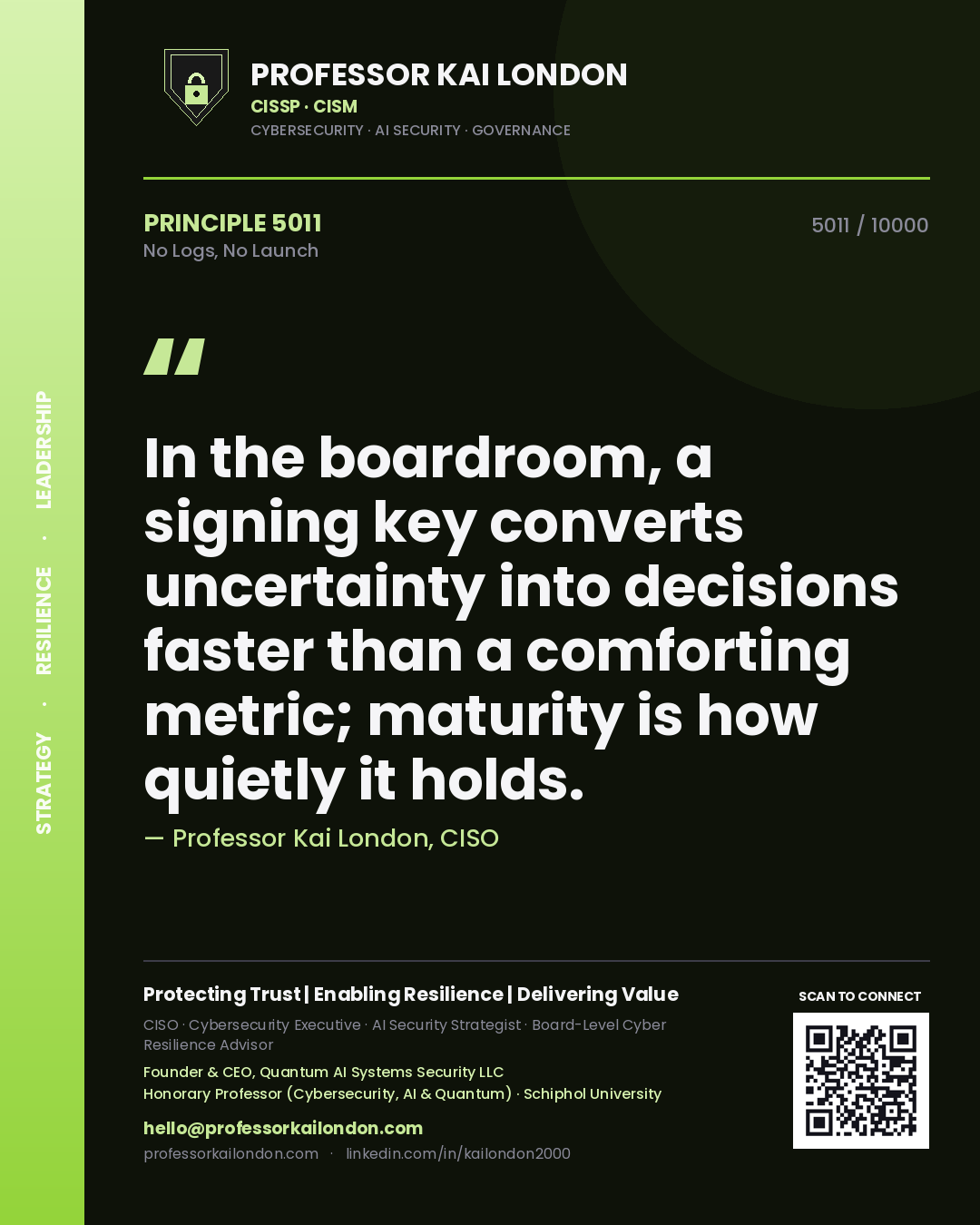 Quote card by Professor Kai London reading 'In the boardroom, a signing key converts uncertainty into decisions faster than a comforting metric; maturity is how quietly it holds.'. From the book No Logs, No Launch.