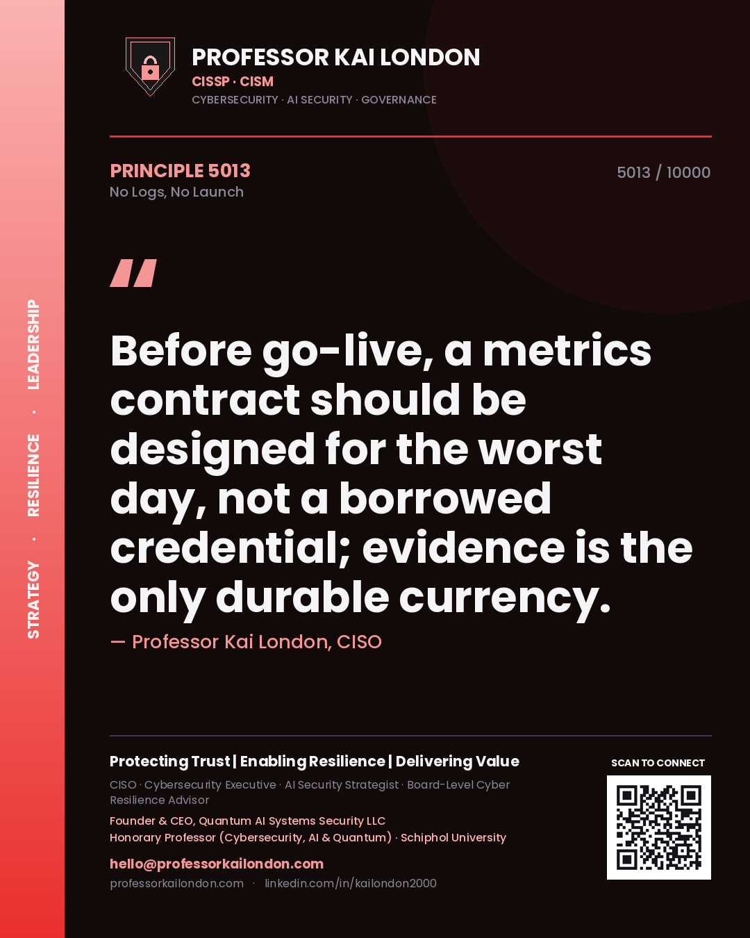 Quote card by Professor Kai London reading 'Before go-live, a metrics contract should be designed for the worst day, not a borrowed credential; evidence is the only durable currency.'. From the book No Logs, No Launch.