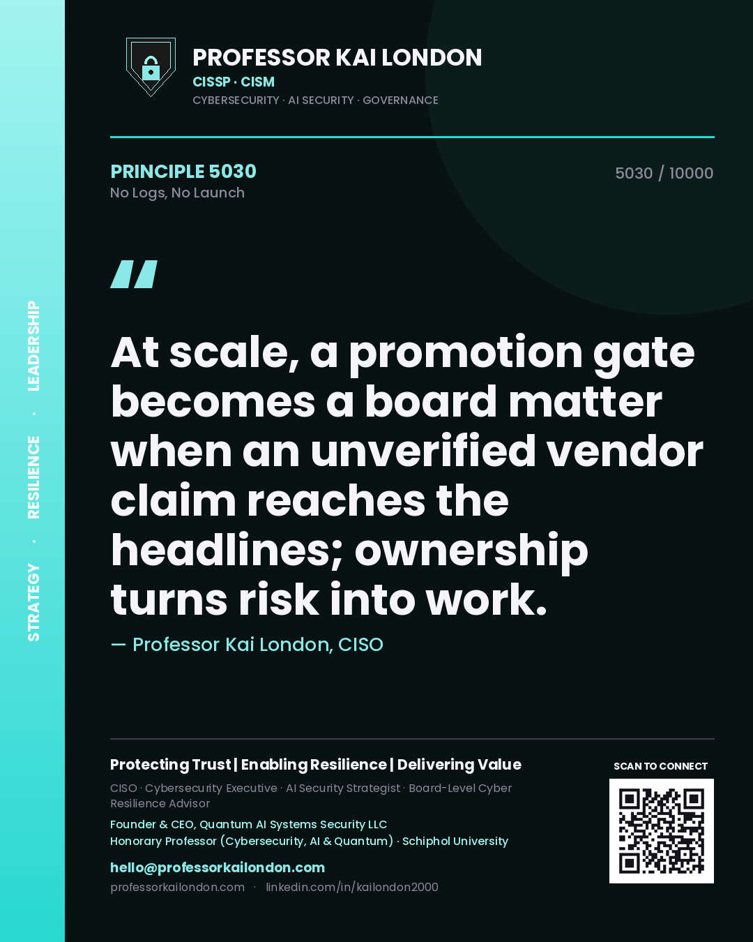 Professor Kai London principle 5030: At scale, a promotion gate becomes a board matter when an unverified vendor claim reaches the headlines; ownership turns risk into work.