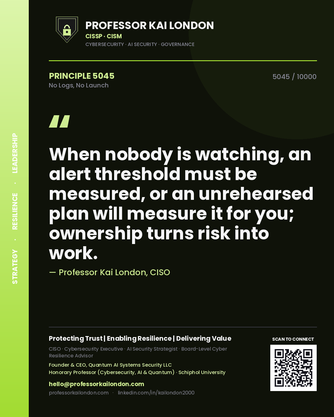 Professor Kai London principle 5045: When nobody is watching, an alert threshold must be measured, or an unrehearsed plan will measure it for you; ownership turns risk into work.