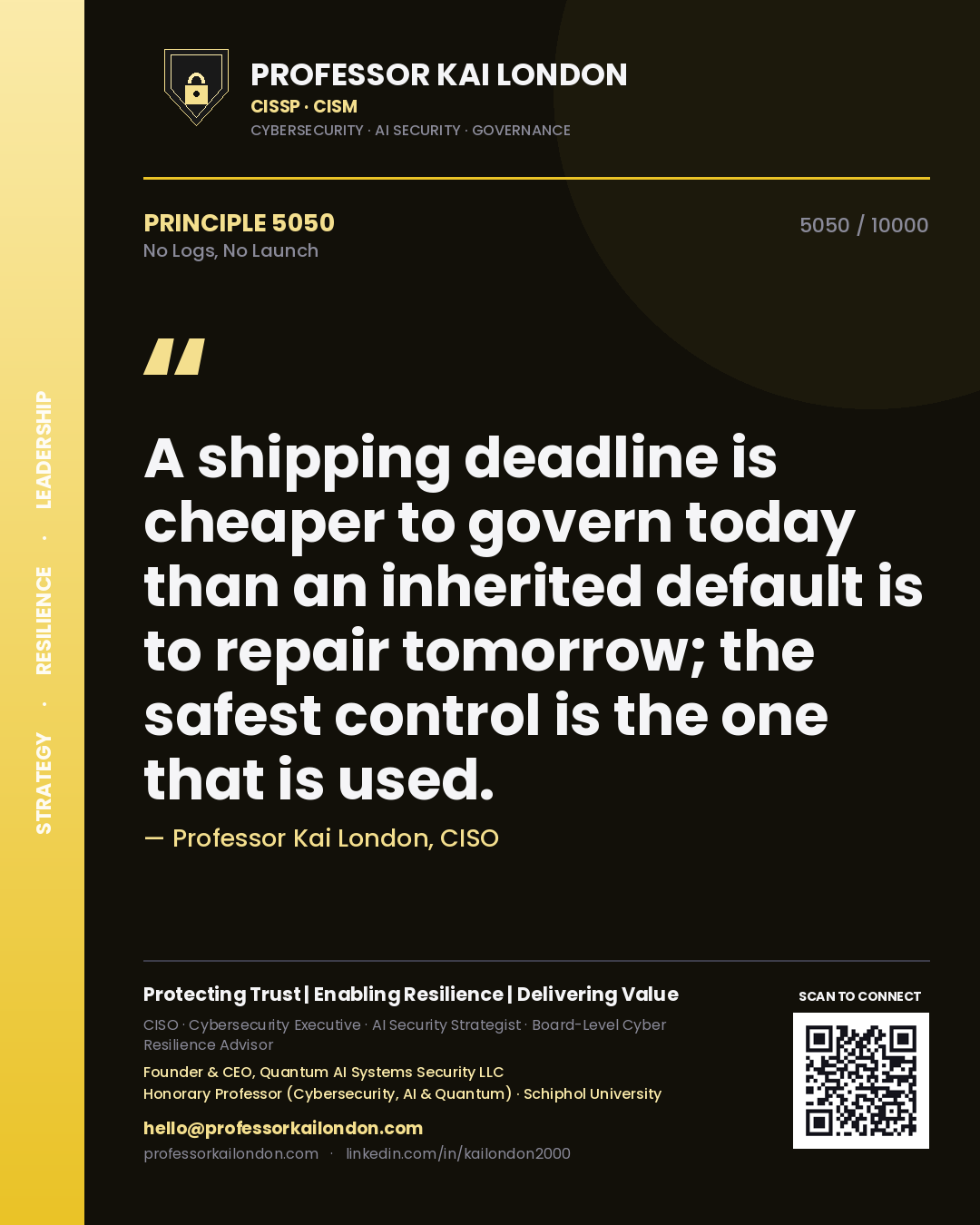 Professor Kai London principle 5050: A shipping deadline is cheaper to govern today than an inherited default is to repair tomorrow; the safest control is the one that is used.