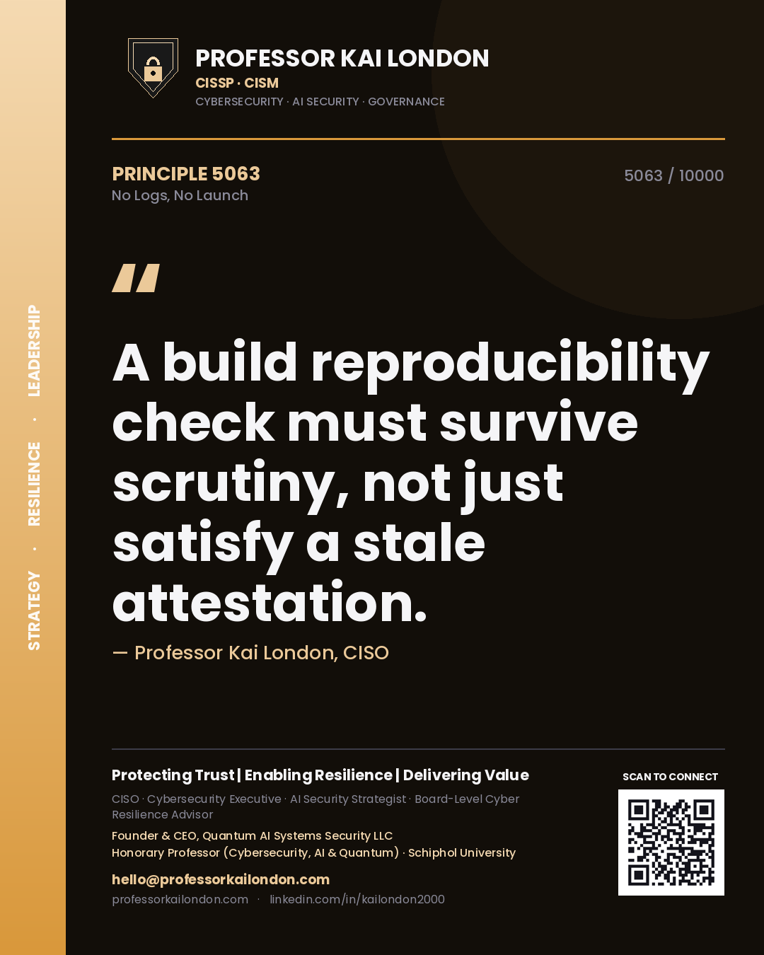 Professor Kai London principle 5063: A build reproducibility check must survive scrutiny, not just satisfy a stale attestation.