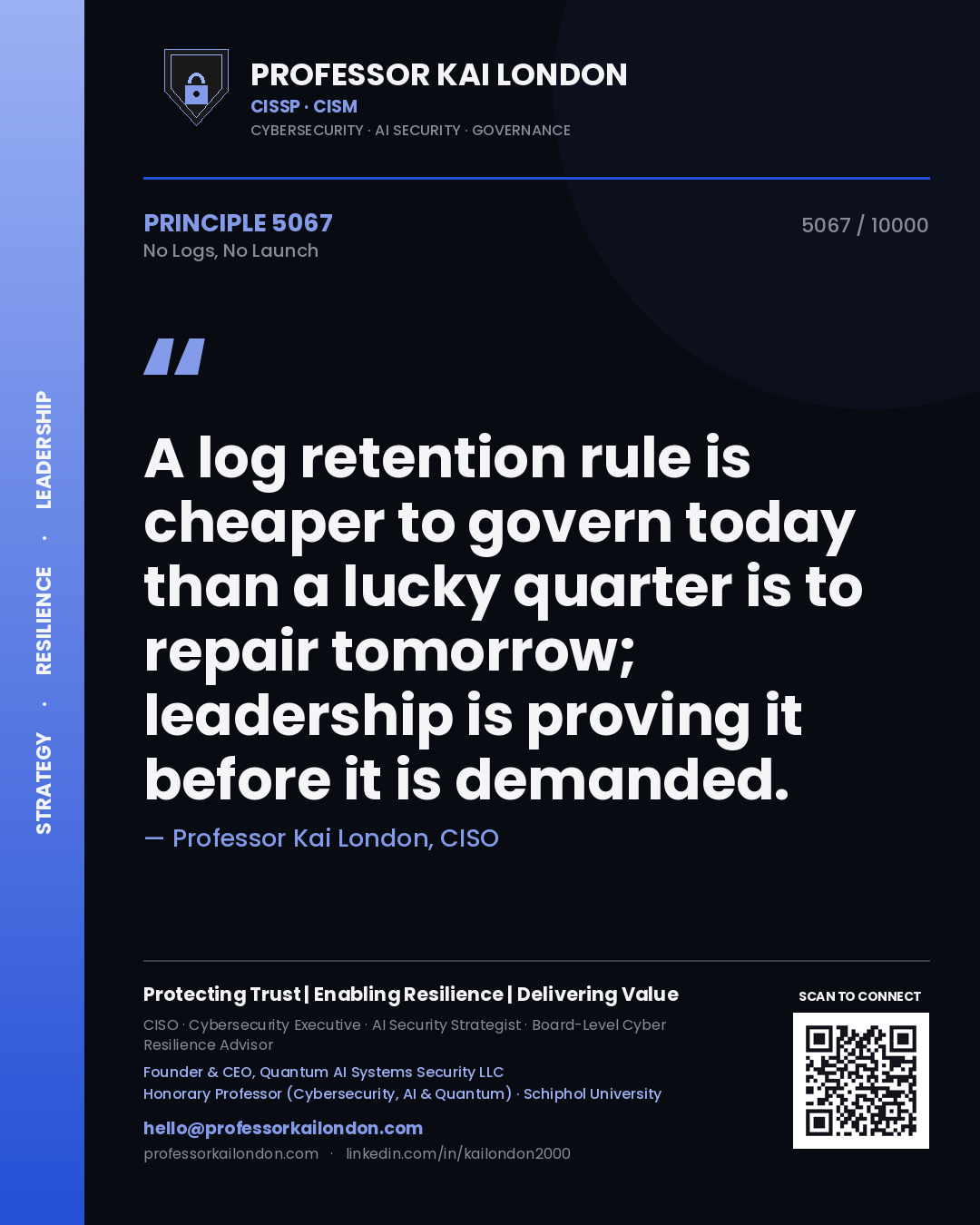 Professor Kai London principle 5067: A log retention rule is cheaper to govern today than a lucky quarter is to repair tomorrow; leadership is proving it before it is demanded.