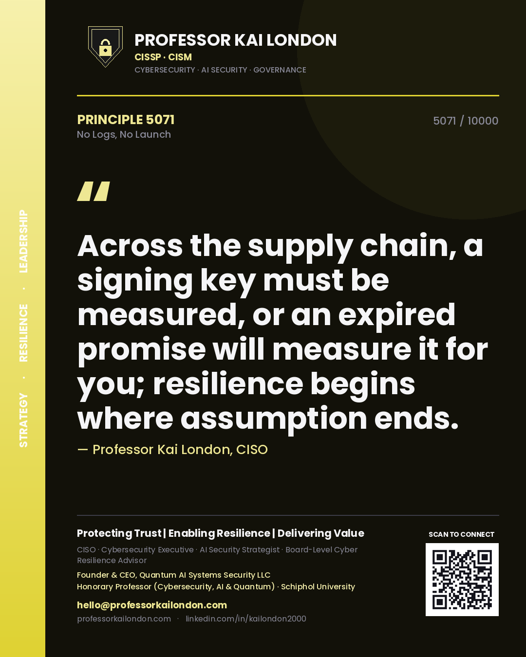Professor Kai London principle 5071: Across the supply chain, a signing key must be measured, or an expired promise will measure it for you; resilience begins where assumption ends.