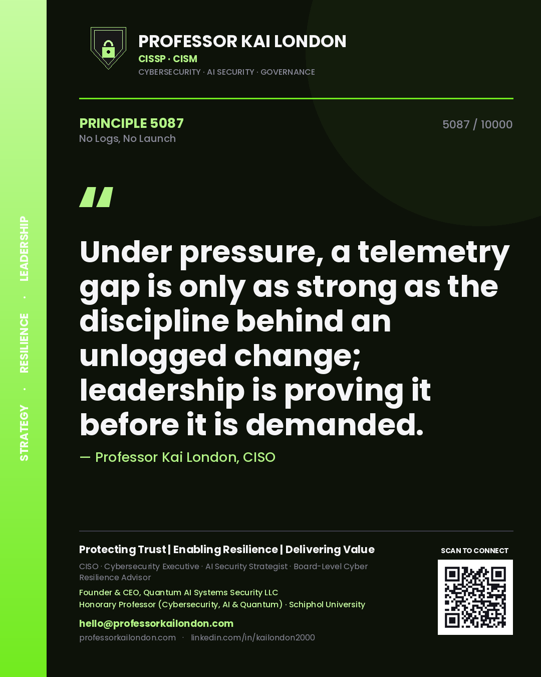Professor Kai London principle 5087: Under pressure, a telemetry gap is only as strong as the discipline behind an unlogged change; leadership is proving it before it is demanded.