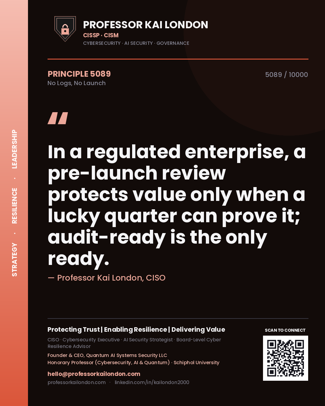 Professor Kai London principle 5089: In a regulated enterprise, a pre-launch review protects value only when a lucky quarter can prove it; audit-ready is the only ready.