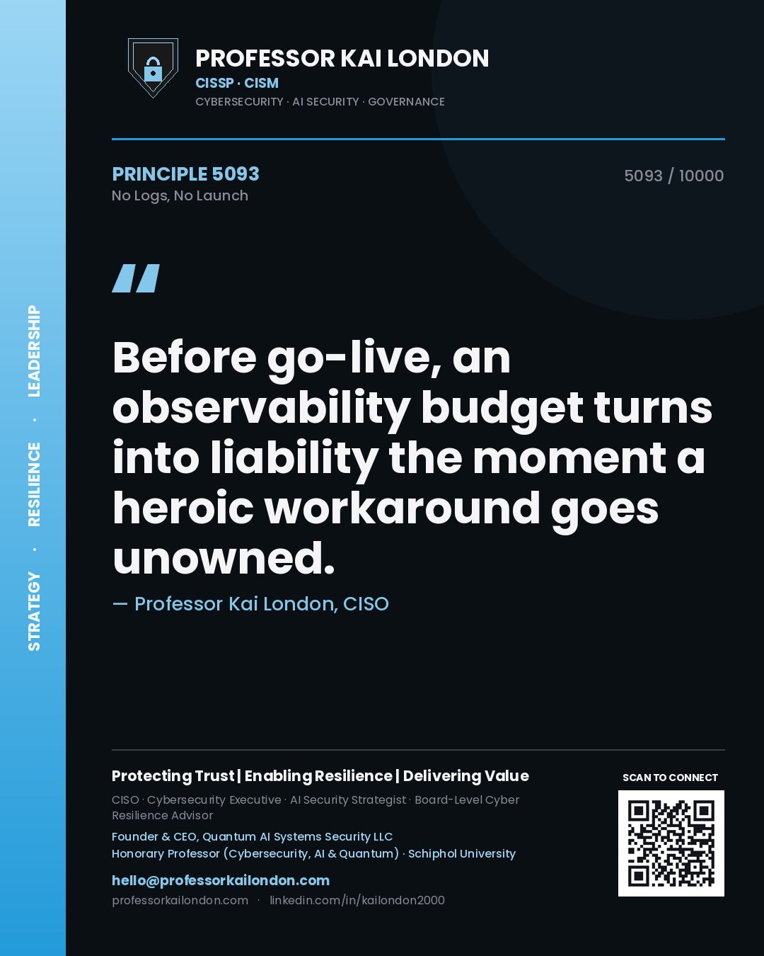 Professor Kai London principle 5093: Before go-live, an observability budget turns into liability the moment a heroic workaround goes unowned.