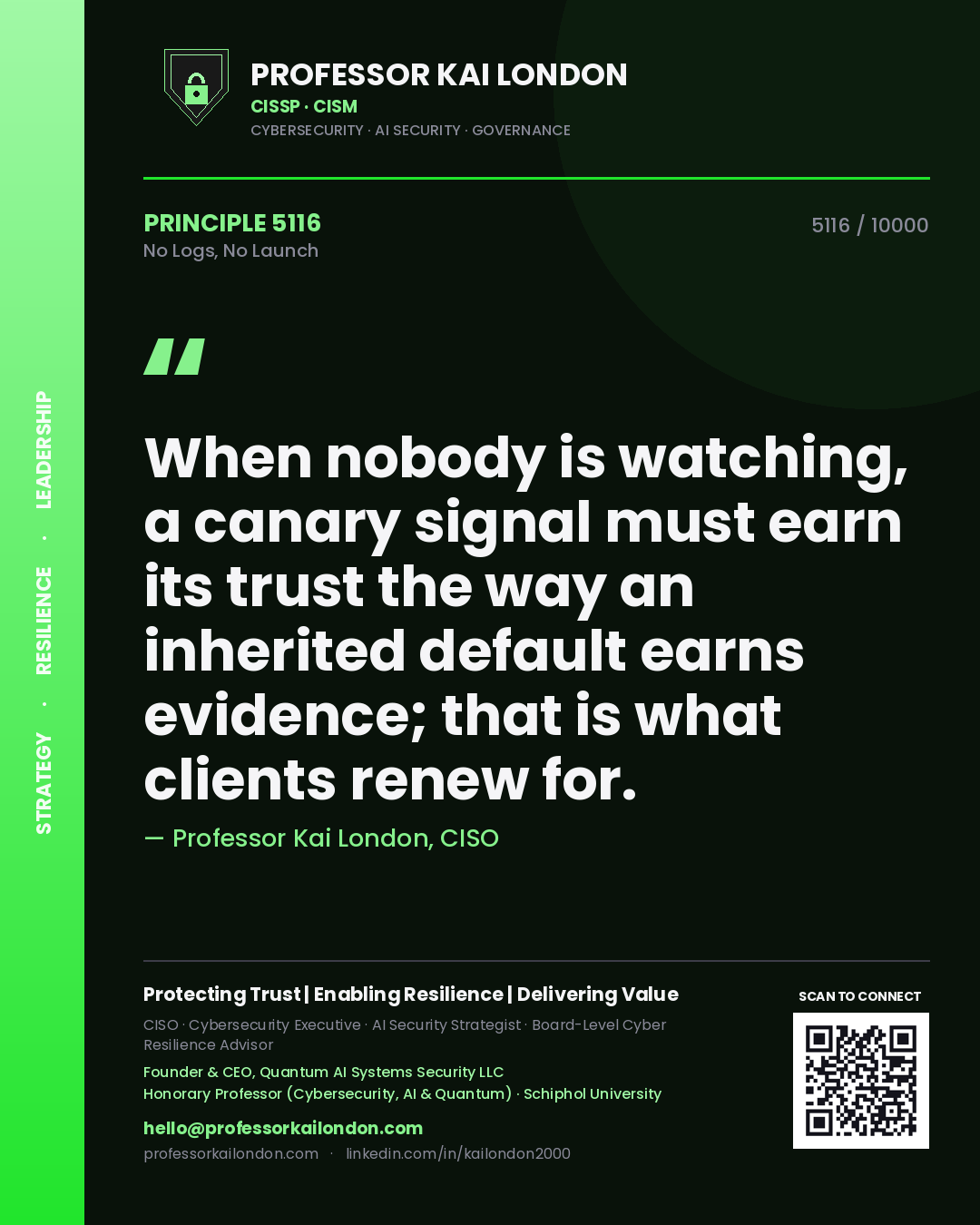 Quote card by Professor Kai London reading 'When nobody is watching, a canary signal must earn its trust the way an inherited default earns evidence; that is what clients renew for.'. From the book No Logs, No Launch.