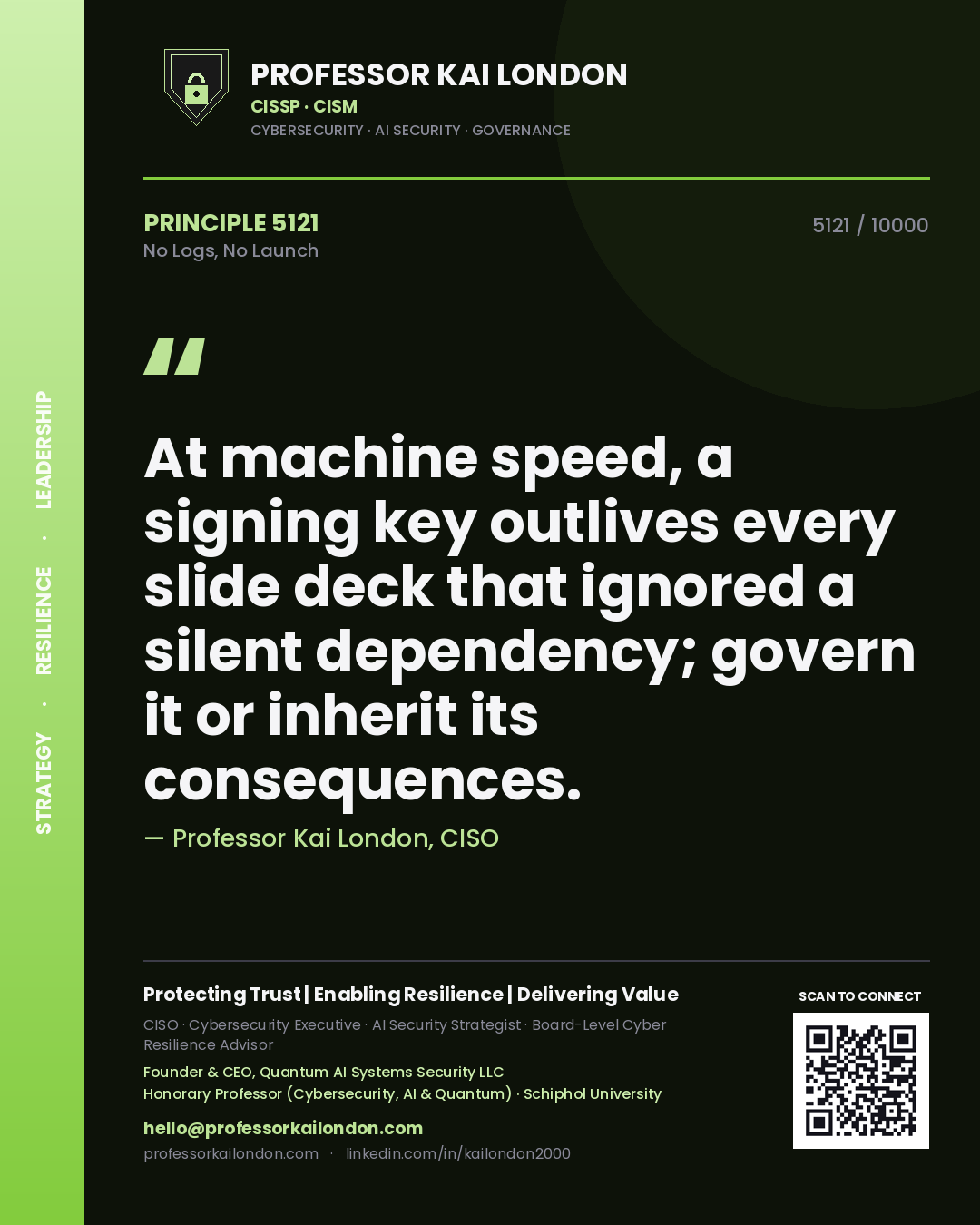 Quote card by Professor Kai London reading 'At machine speed, a signing key outlives every slide deck that ignored a silent dependency; govern it or inherit its consequences.'. From the book No Logs, No Launch.
