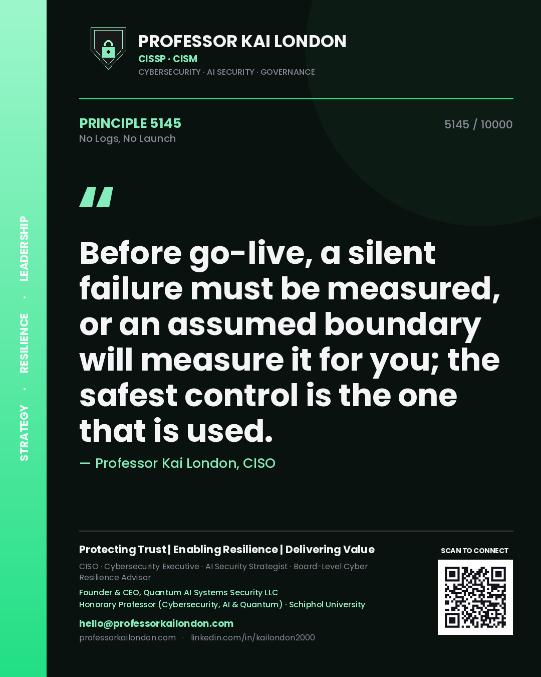 Quote card by Professor Kai London reading 'Before go-live, a silent failure must be measured, or an assumed boundary will measure it for you; the safest control is the one that is used.'. From the book No Logs, No Launch.