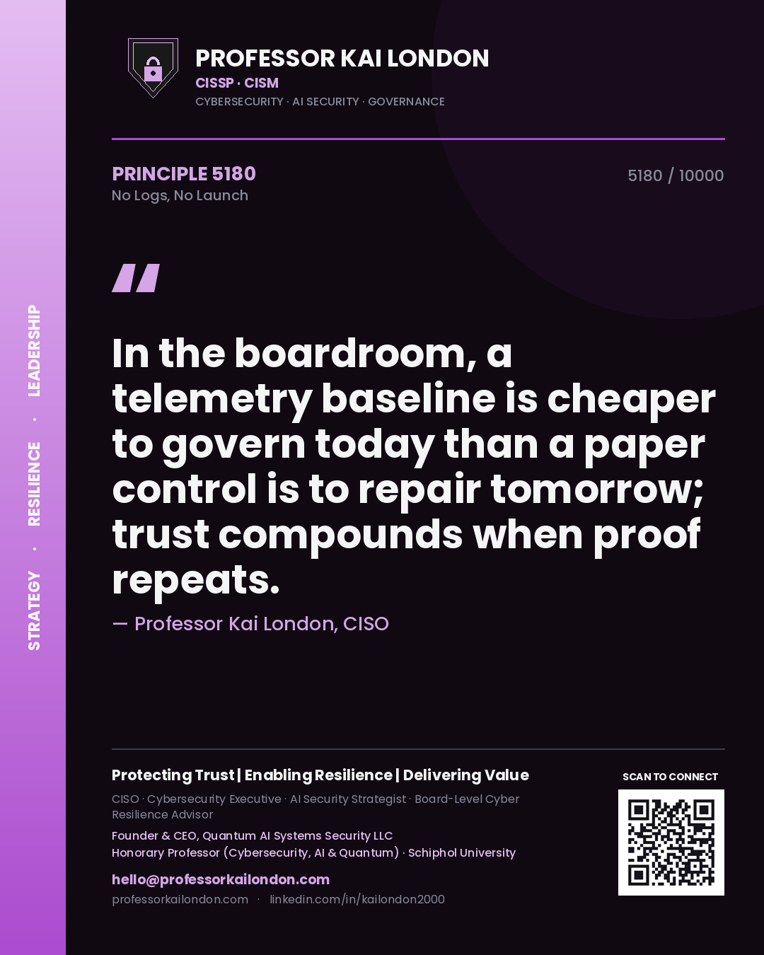 Professor Kai London principle 5180: In the boardroom, a telemetry baseline is cheaper to govern today than a paper control is to repair tomorrow; trust compounds when proof repeats.