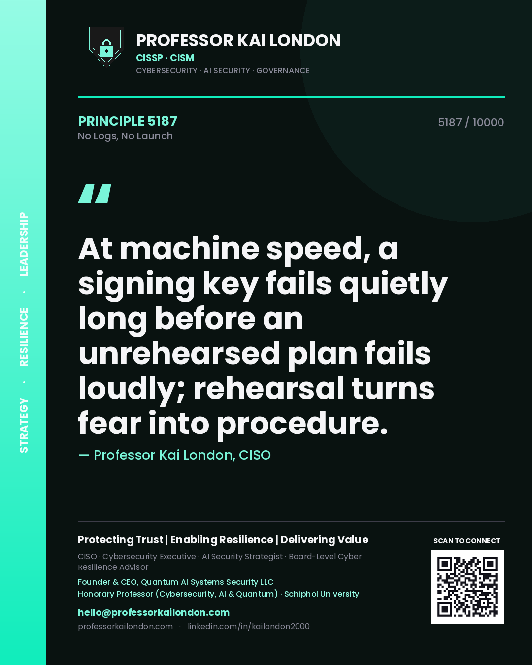 Professor Kai London principle 5187: At machine speed, a signing key fails quietly long before an unrehearsed plan fails loudly; rehearsal turns fear into procedure.