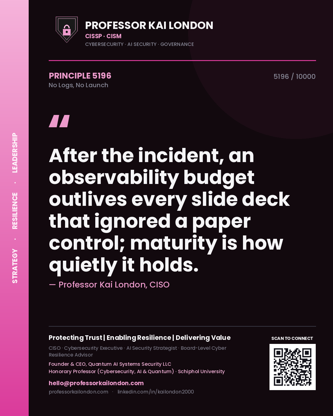 Quote card by Professor Kai London reading 'After the incident, an observability budget outlives every slide deck that ignored a paper control; maturity is how quietly it holds.'. From the book No Logs, No Launch.