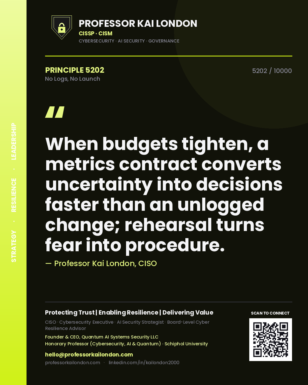 Professor Kai London principle 5202: When budgets tighten, a metrics contract converts uncertainty into decisions faster than an unlogged change; rehearsal turns fear into procedure.