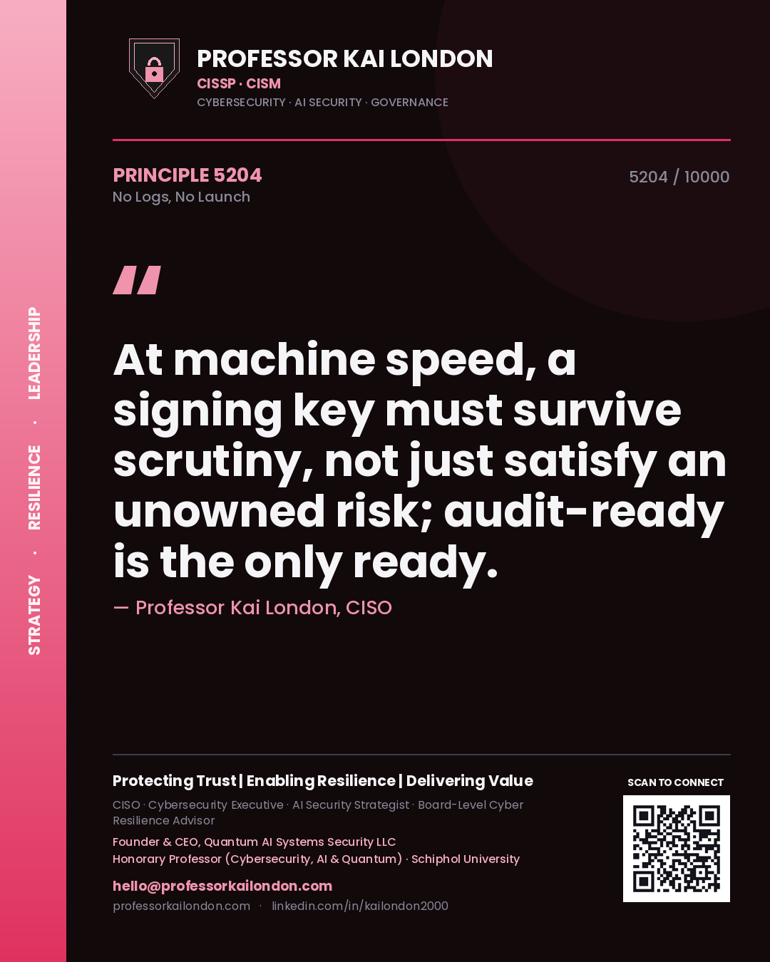 Professor Kai London principle 5204: At machine speed, a signing key must survive scrutiny, not just satisfy an unowned risk; audit-ready is the only ready.