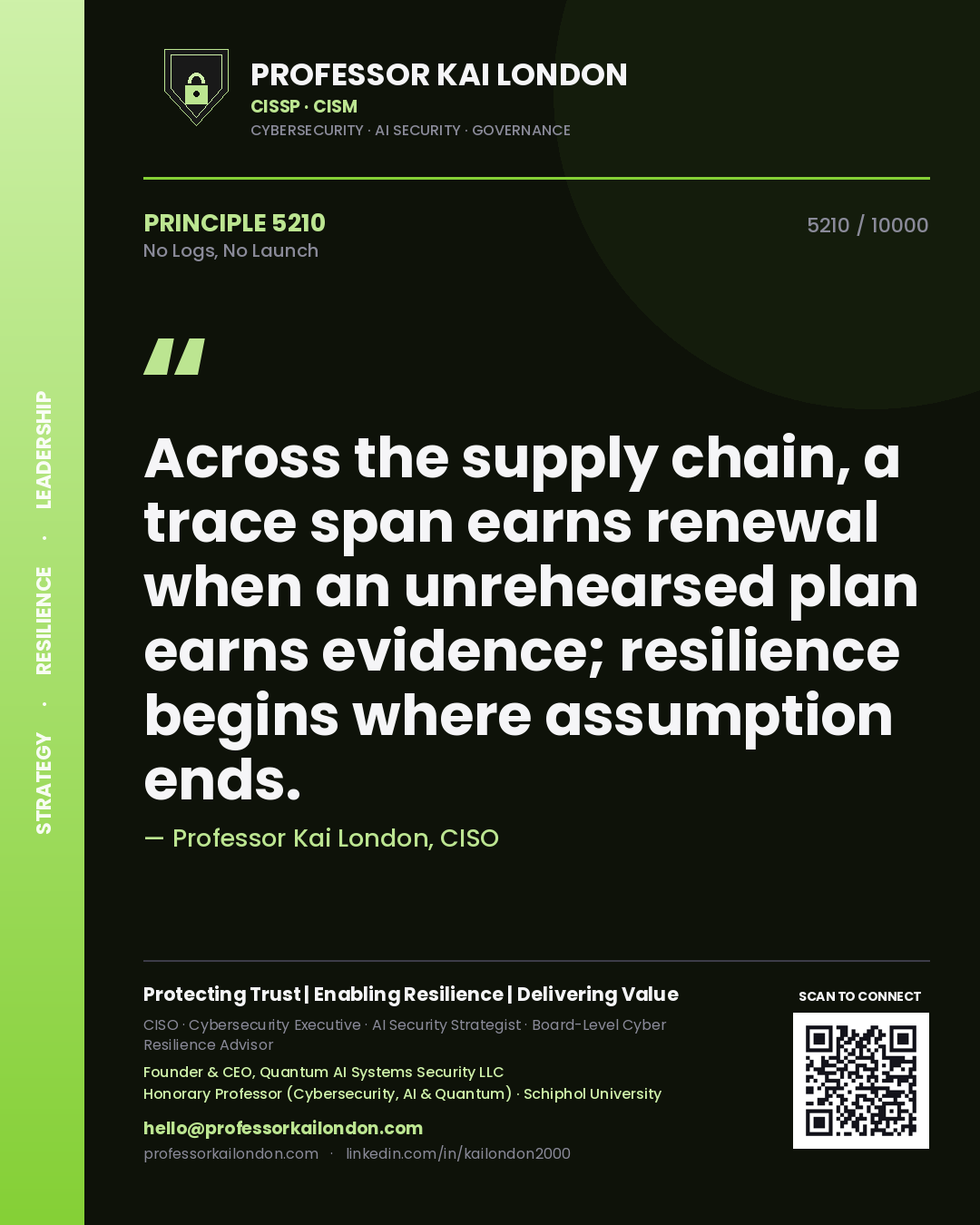 Quote card by Professor Kai London reading 'Across the supply chain, a trace span earns renewal when an unrehearsed plan earns evidence; resilience begins where assumption ends.'. From the book No Logs, No Launch.