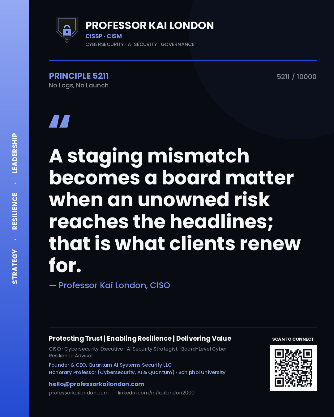 Professor Kai London principle 5211: A staging mismatch becomes a board matter when an unowned risk reaches the headlines; that is what clients renew for.
