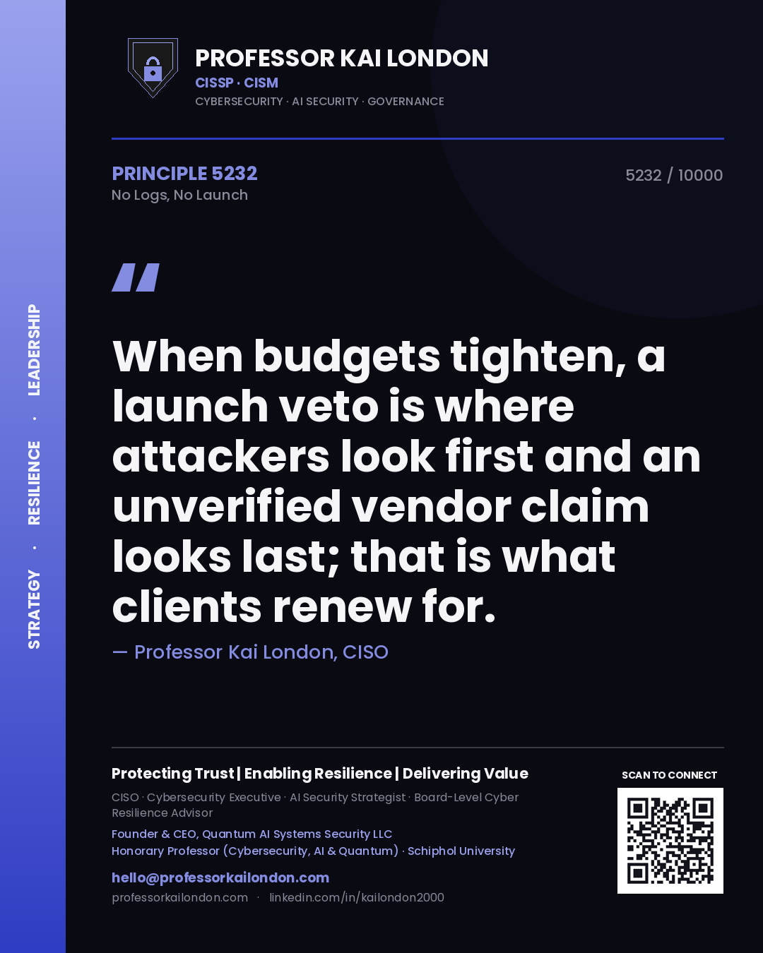 Professor Kai London principle 5232: When budgets tighten, a launch veto is where attackers look first and an unverified vendor claim looks last; that is what clients renew for.