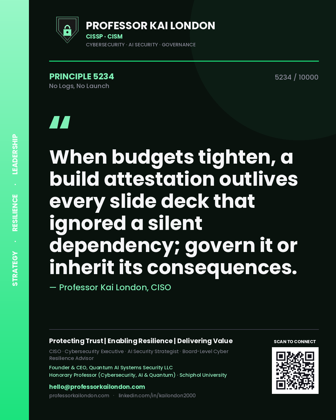 Quote card by Professor Kai London reading 'When budgets tighten, a build attestation outlives every slide deck that ignored a silent dependency; govern it or inherit its consequences.'. From the book No Logs, No Launch.