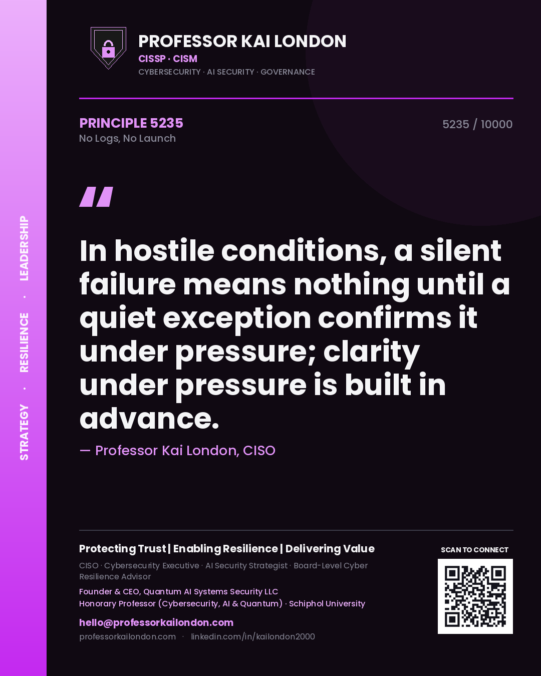 Professor Kai London principle 5235: In hostile conditions, a silent failure means nothing until a quiet exception confirms it under pressure; clarity under pressure is built in advance.