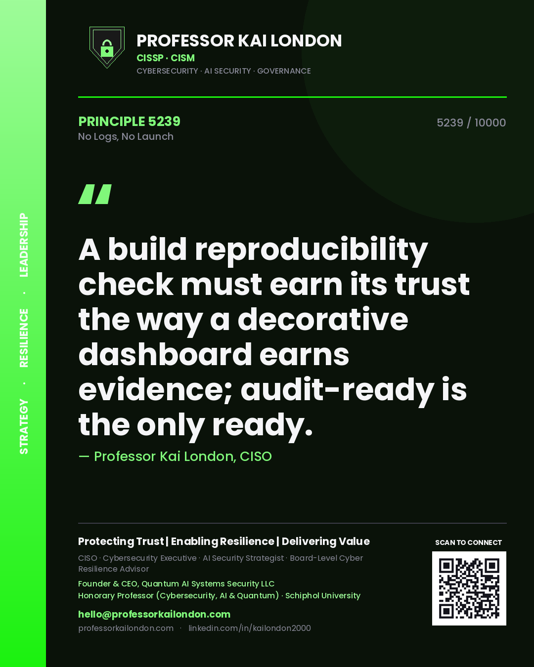 Quote card by Professor Kai London reading 'A build reproducibility check must earn its trust the way a decorative dashboard earns evidence; audit-ready is the only ready.'. From the book No Logs, No Launch.