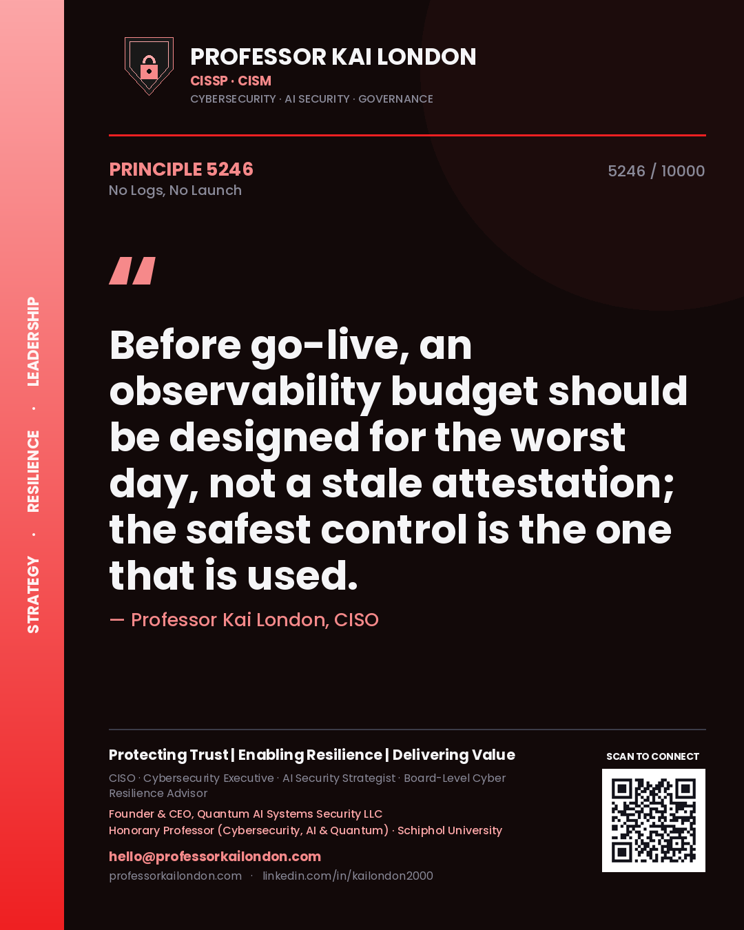 Professor Kai London principle 5246: Before go-live, an observability budget should be designed for the worst day, not a stale attestation; the safest control is the one that is used.