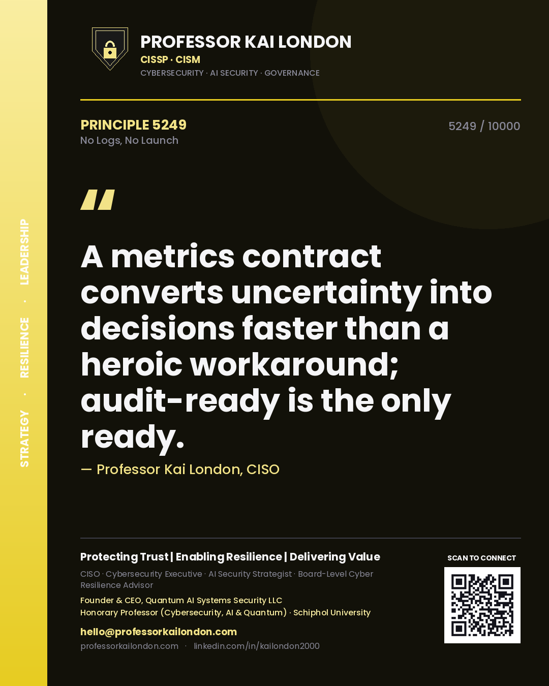 Quote card by Professor Kai London reading 'A metrics contract converts uncertainty into decisions faster than a heroic workaround; audit-ready is the only ready.'. From the book No Logs, No Launch.