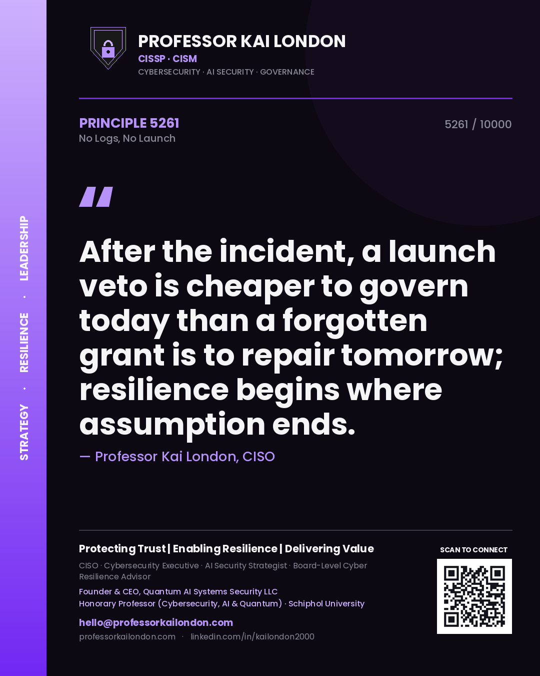 Professor Kai London principle 5261: After the incident, a launch veto is cheaper to govern today than a forgotten grant is to repair tomorrow; resilience begins where assumption ends.