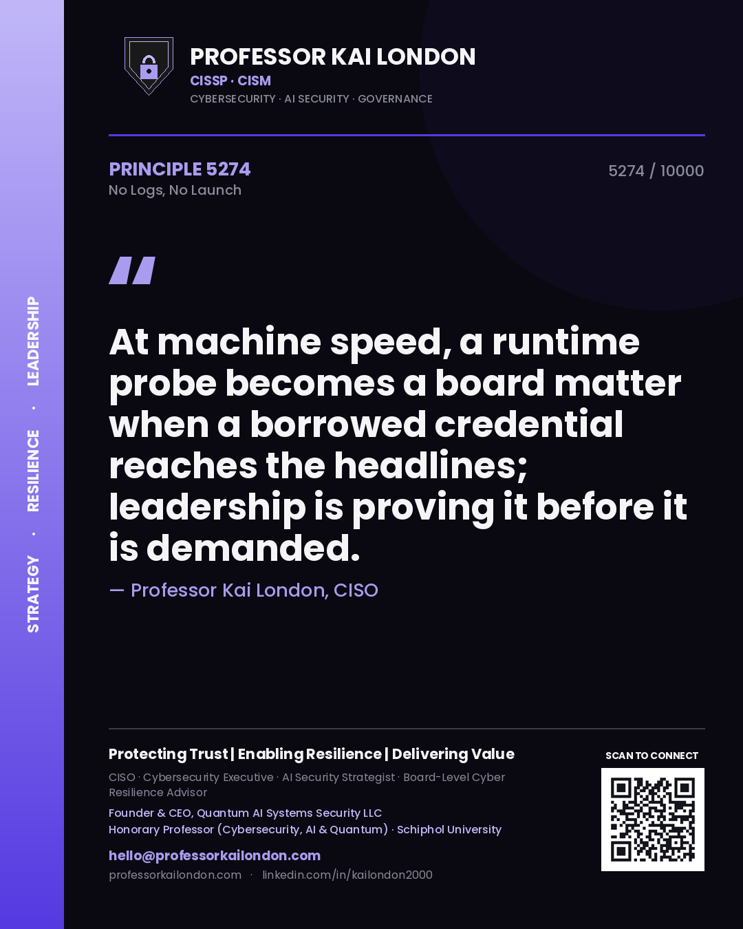 Quote card by Professor Kai London reading 'At machine speed, a runtime probe becomes a board matter when a borrowed credential reaches the headlines; leadership is proving it before it is demanded.'. From the book No Logs, No Launch.