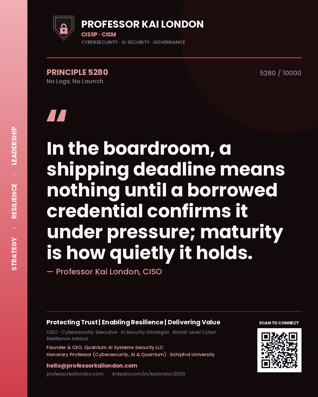Professor Kai London principle 5280: In the boardroom, a shipping deadline means nothing until a borrowed credential confirms it under pressure; maturity is how quietly it holds.