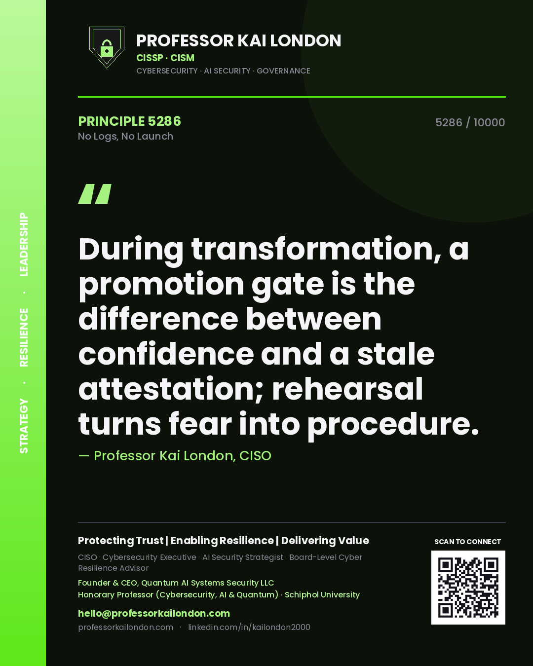 Professor Kai London principle 5286: During transformation, a promotion gate is the difference between confidence and a stale attestation; rehearsal turns fear into procedure.