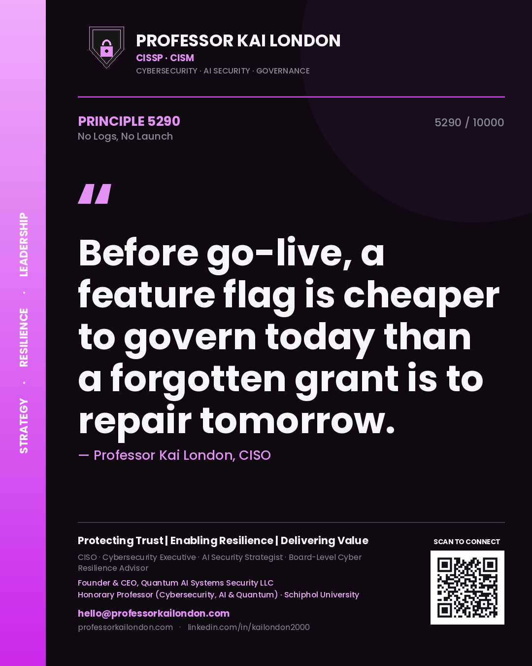 Quote card by Professor Kai London reading 'Before go-live, a feature flag is cheaper to govern today than a forgotten grant is to repair tomorrow.'. From the book No Logs, No Launch.
