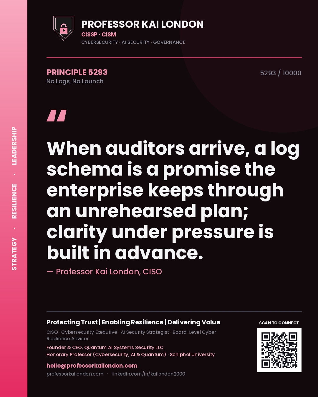 Professor Kai London principle 5293: When auditors arrive, a log schema is a promise the enterprise keeps through an unrehearsed plan; clarity under pressure is built in advance.