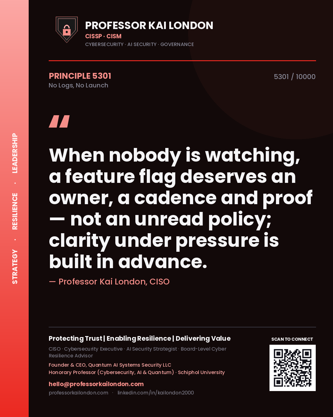 Professor Kai London principle 5301: When nobody is watching, a feature flag deserves an owner, a cadence and proof — not an unread policy; clarity under pressure is built in advance.