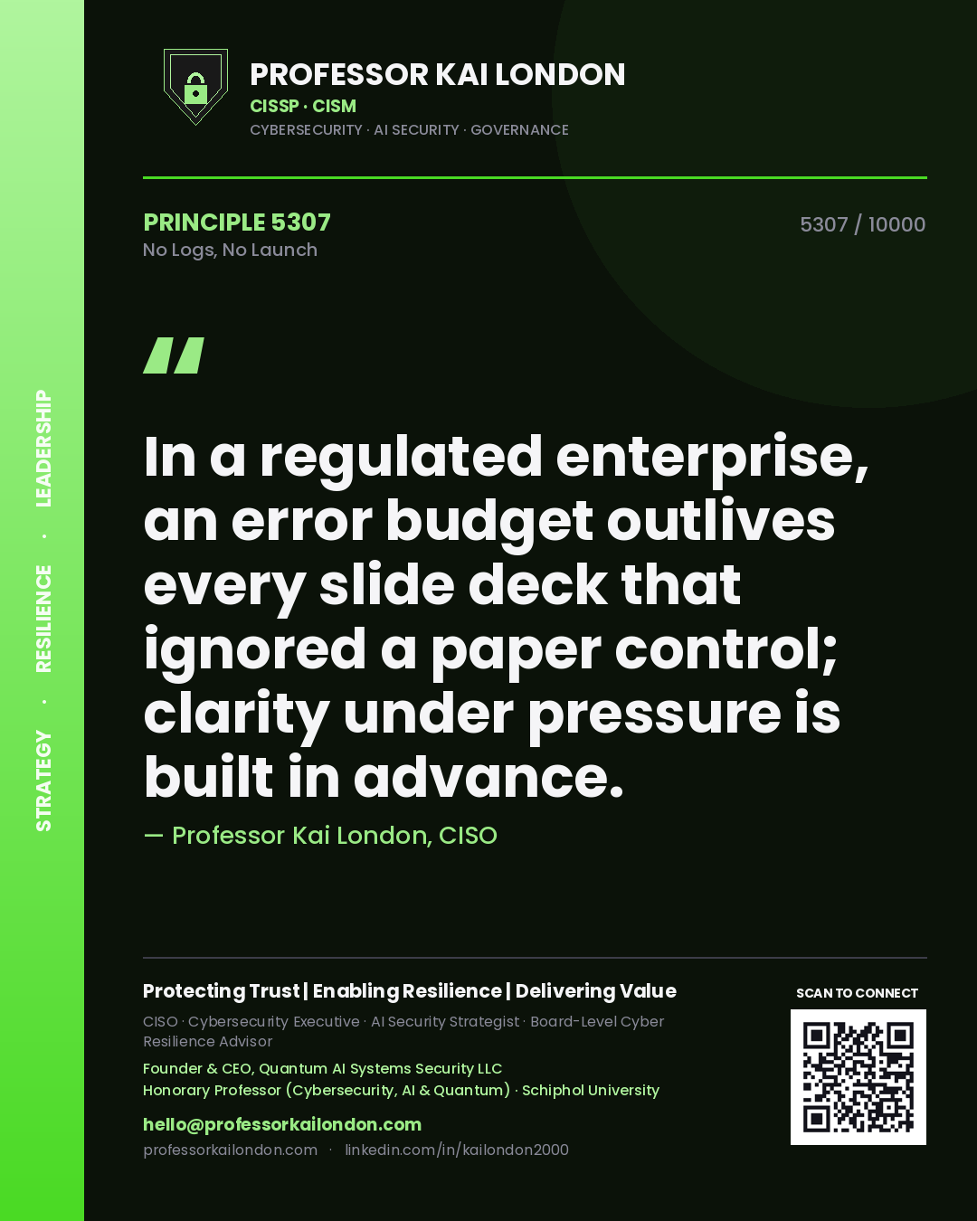 Professor Kai London principle 5307: In a regulated enterprise, an error budget outlives every slide deck that ignored a paper control; clarity under pressure is built in advance.