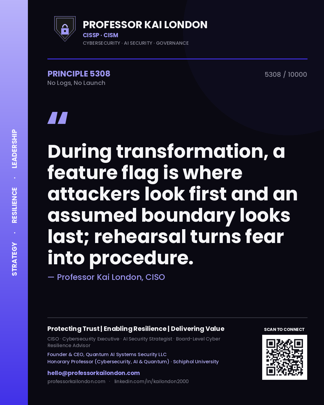 Quote card by Professor Kai London reading 'During transformation, a feature flag is where attackers look first and an assumed boundary looks last; rehearsal turns fear into procedure.'. From the book No Logs, No Launch.