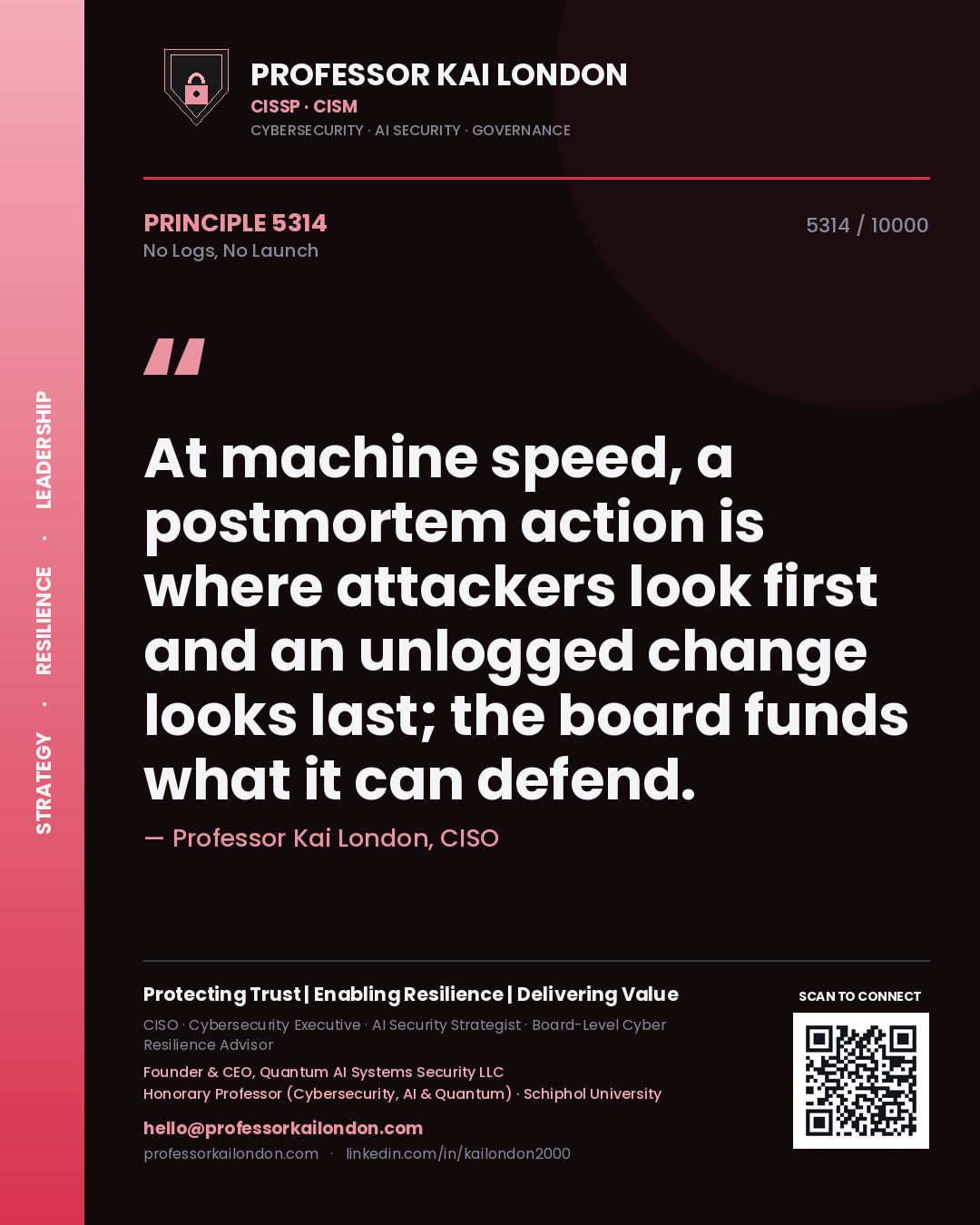 Quote card by Professor Kai London reading 'At machine speed, a postmortem action is where attackers look first and an unlogged change looks last; the board funds what it can defend.'. From the book No Logs, No Launch.